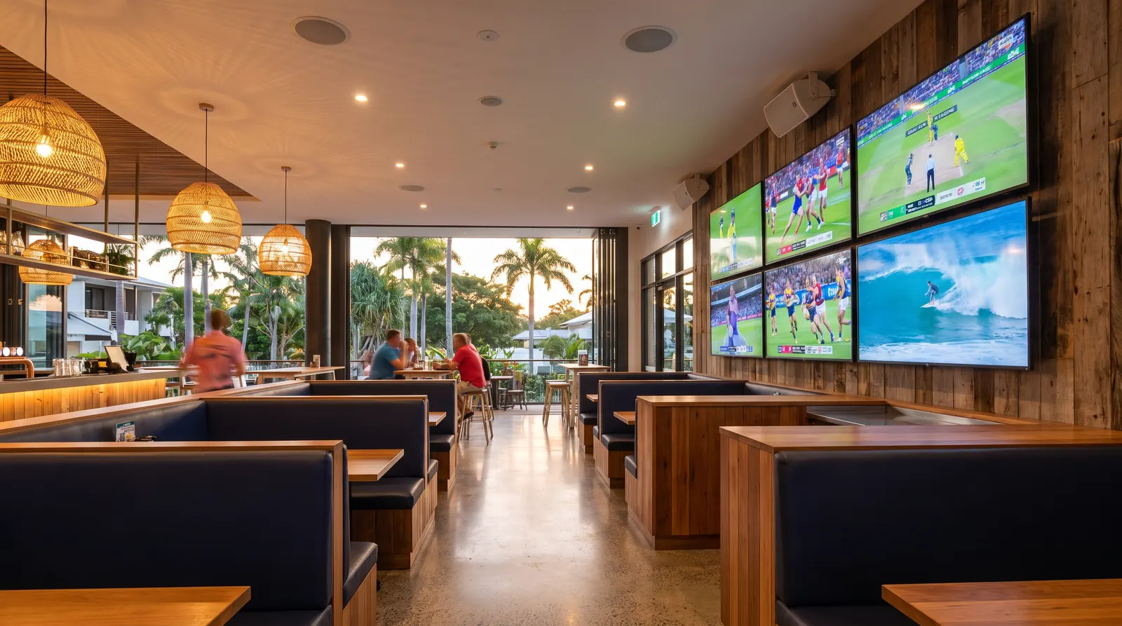 Sports bar with a wall of screens
