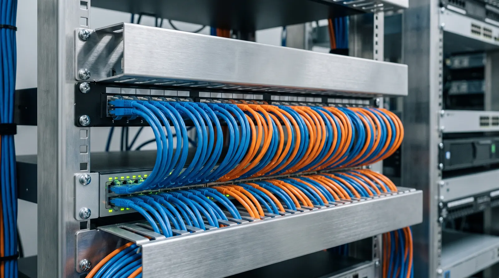 Neatly dressed structured cabling patch panel with blue and orange patch leads