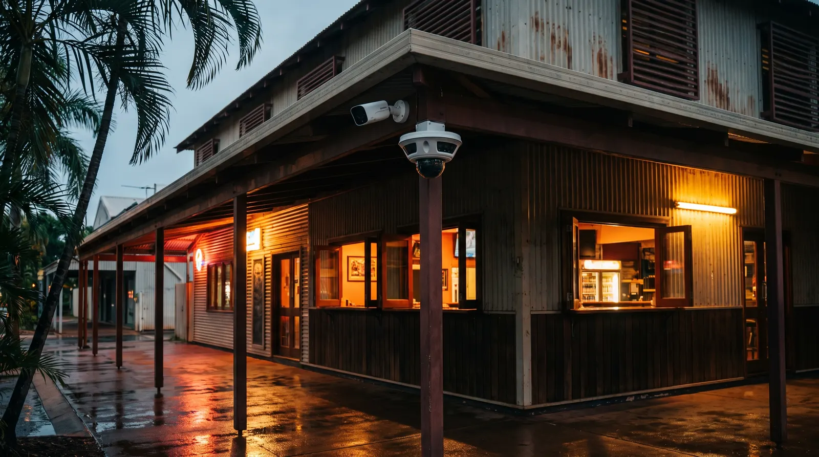 Security cameras under a pub awning