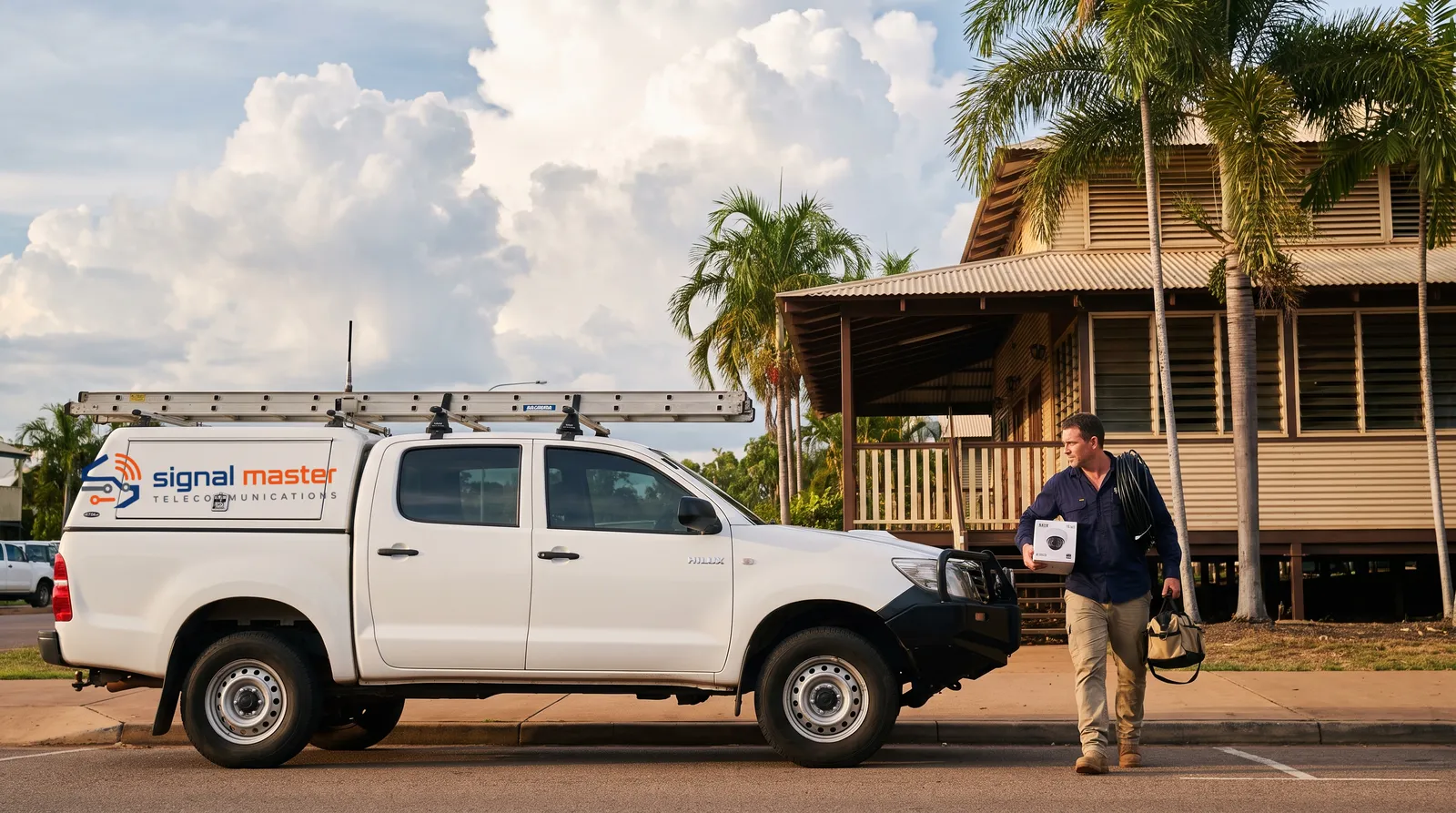 Signal Master technician arriving at a Darwin pub with a camera and tool bag, signwritten work ute parked at the kerb