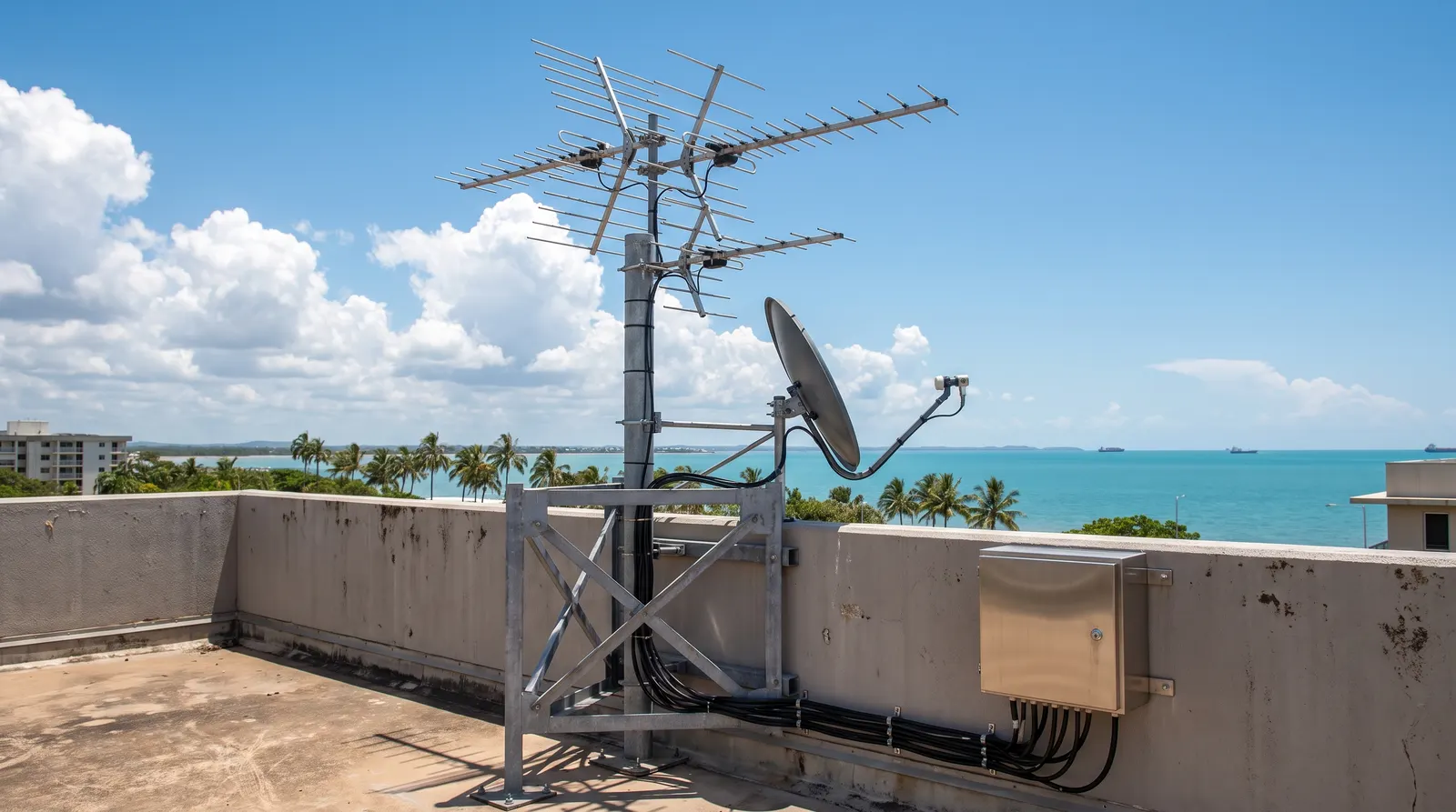 Rooftop antenna array and satellite dish
